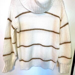 Women's White and Gold Sequin Stripe Nine West Cowlneck Sweater